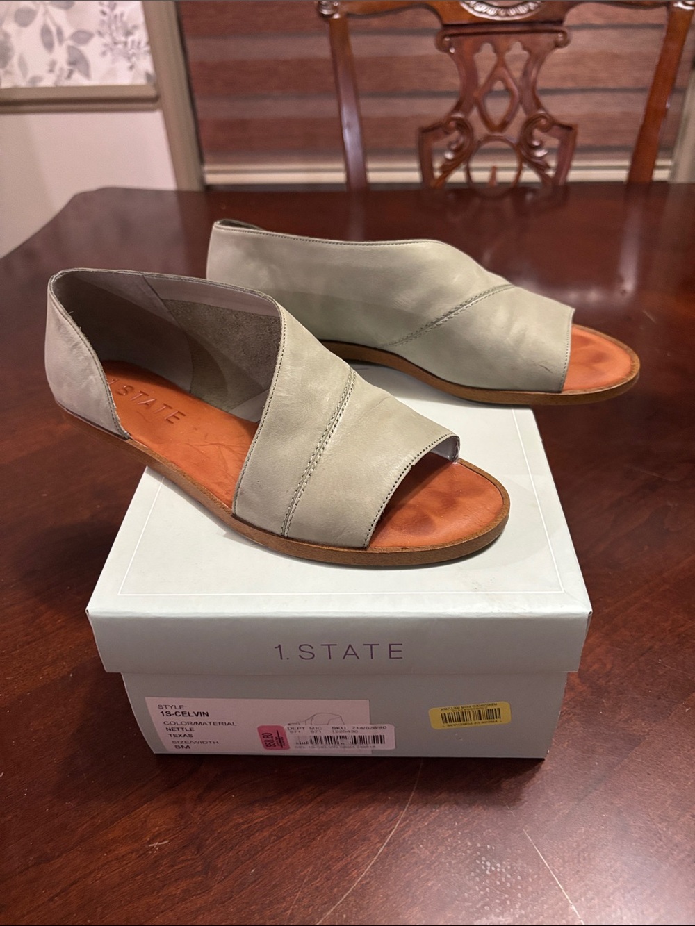 1. State Open-Toe Leather Mules in Light Gray and Tan